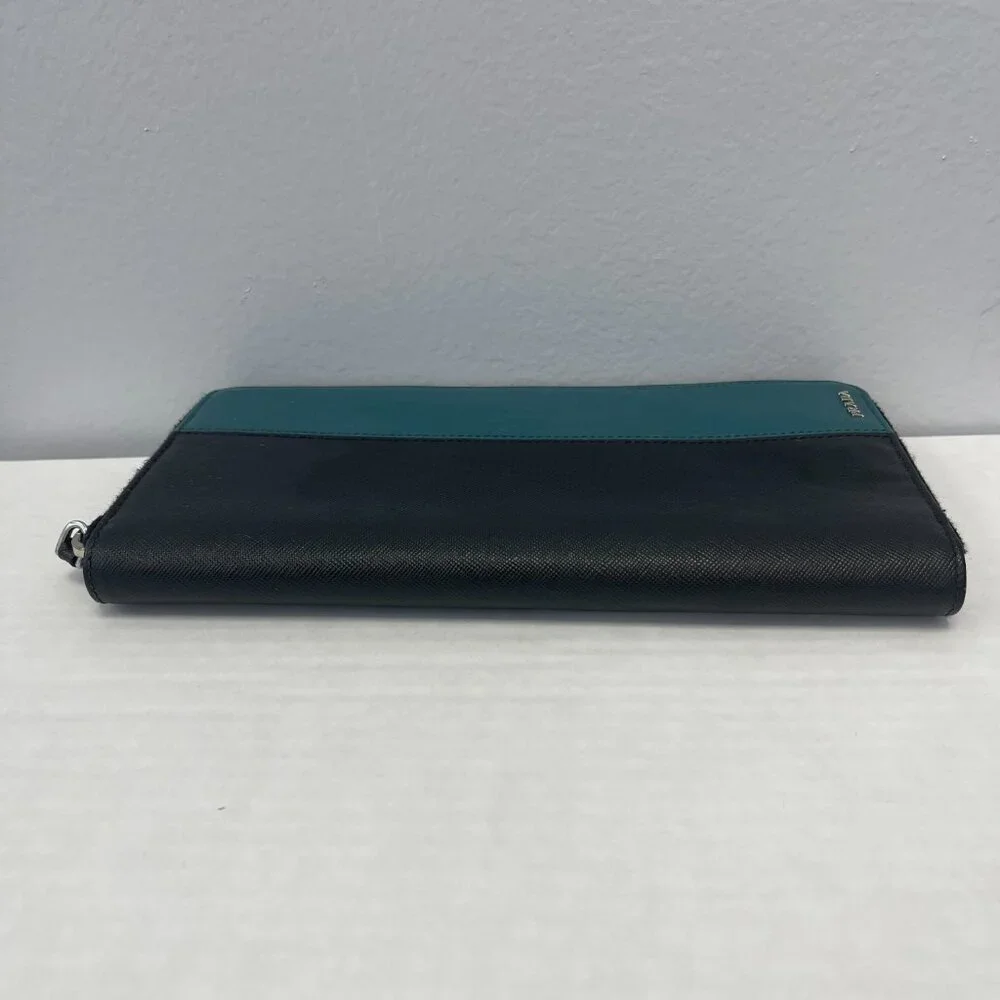 Prada Saffiano Leather Organizer Zippy Wallet in Black and Turquoise - Preowned